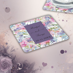 lavender watercolor wildflower greenery foliage square paper coaster