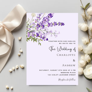 Lavender watercolored florals violet wedding invitation