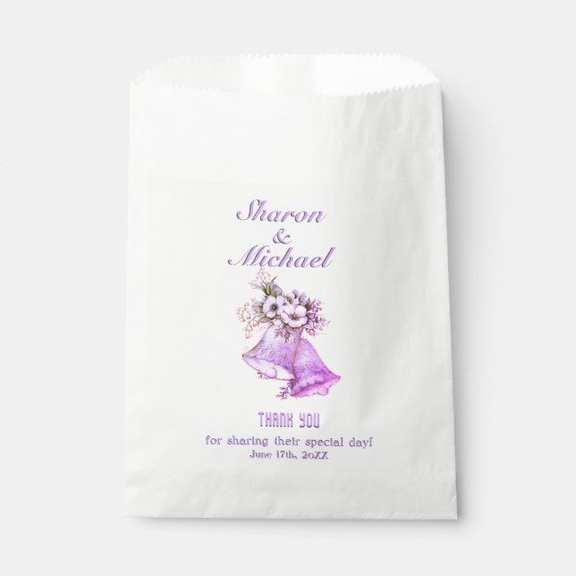 Lavender Wedding Bells Favour Bag Names and Date (Front)