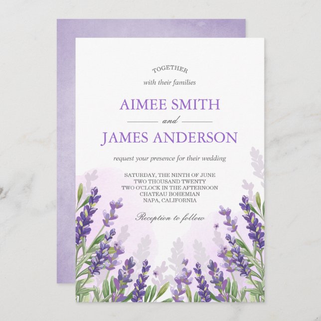 Lavender Wedding Invitation Rustic Elegant Floral (Front/Back)