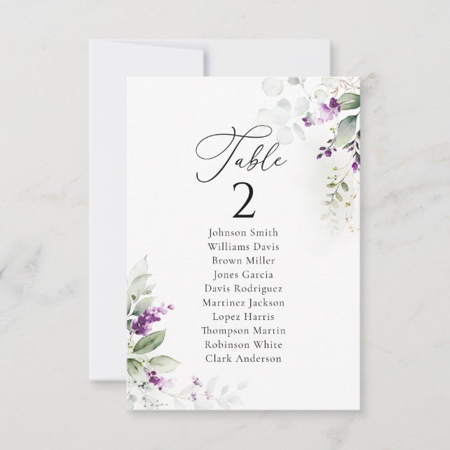 Lavender Wedding Table Seating Chart Cards (Front)