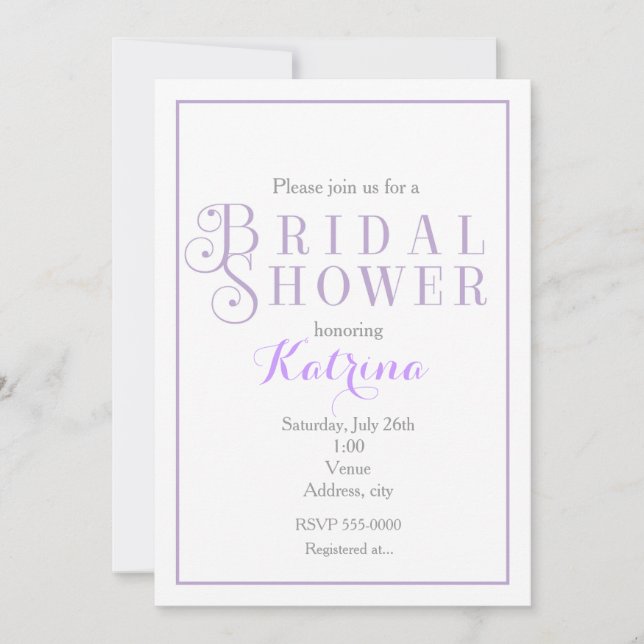 Lavender & White Bridal Shower Classy Invitations (Front)