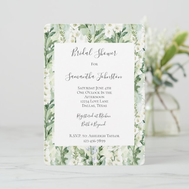 Lavender White Delphinium Flowers Bridal Shower Invitation (Standing Front)
