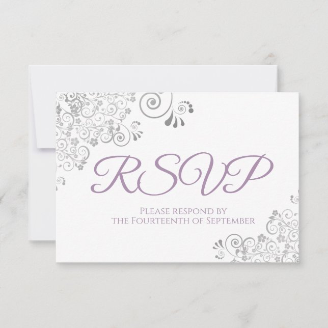 Lavender & White Elegant Silver Lace Wedding RSVP Card (Front)
