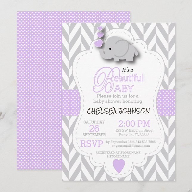Lavender, White Grey Elephant 🐘 Baby Shower Invitation (Front/Back)