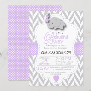 Lavender, White Grey Elephant 🐘 Baby Shower Invitation