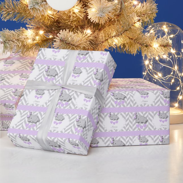 Lavender, White Grey Elephant Baby Shower Wrapping Paper (Holidays)