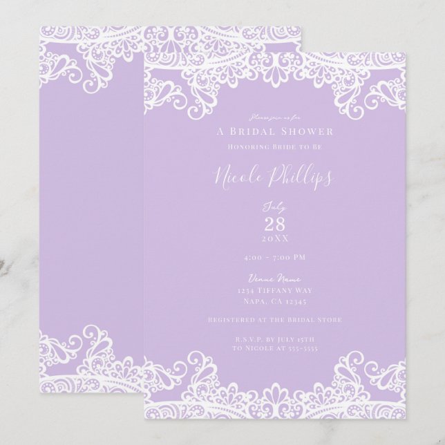 Lavender & White Lace Elegant Bridal Shower  Invitation (Front/Back)