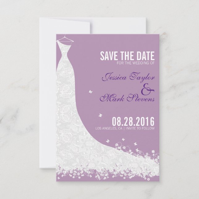 Lavender & White Lace Wedding Dress Save The Date (Front)