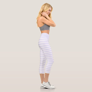 Lavender White Simple Horizontal Striped Capri Leggings