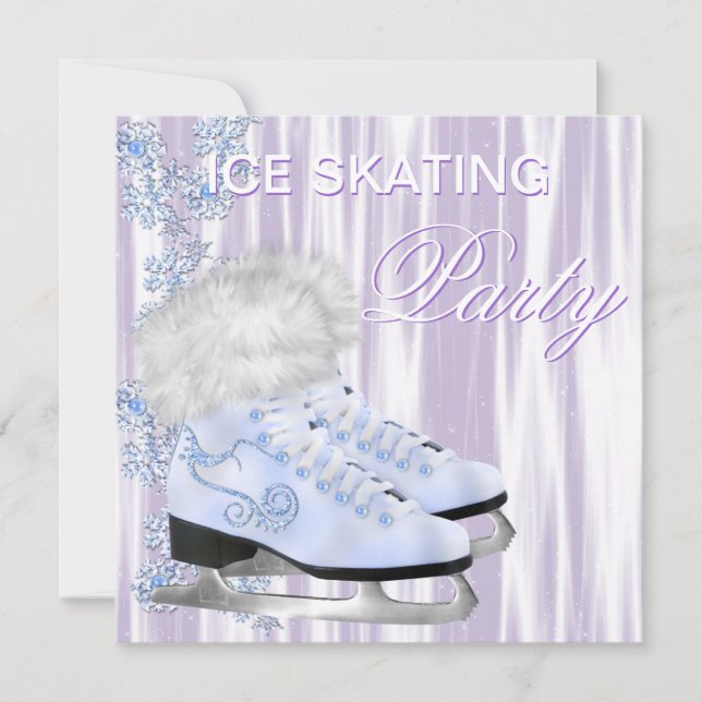 Lavender White Snowflakes Skates Ice Skating Party Invitation (Front)