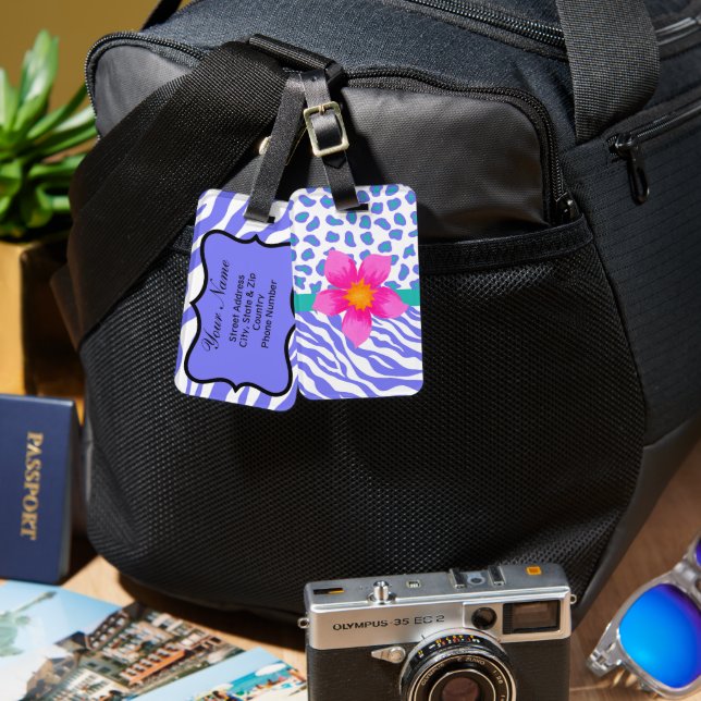 Lavender & White Zebra & Cheetah Pink Flower Luggage Tag (Front & Back)