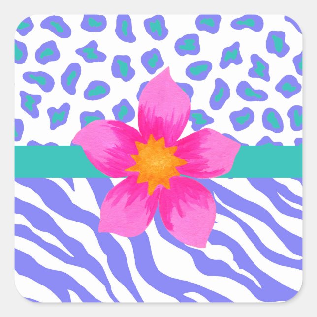 Lavender & White Zebra & Cheetah Pink Flower Square Sticker (Front)
