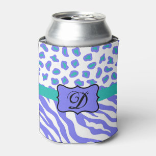 Lavender White Zebra Leopard Skin Monogram Initial Can Cooler