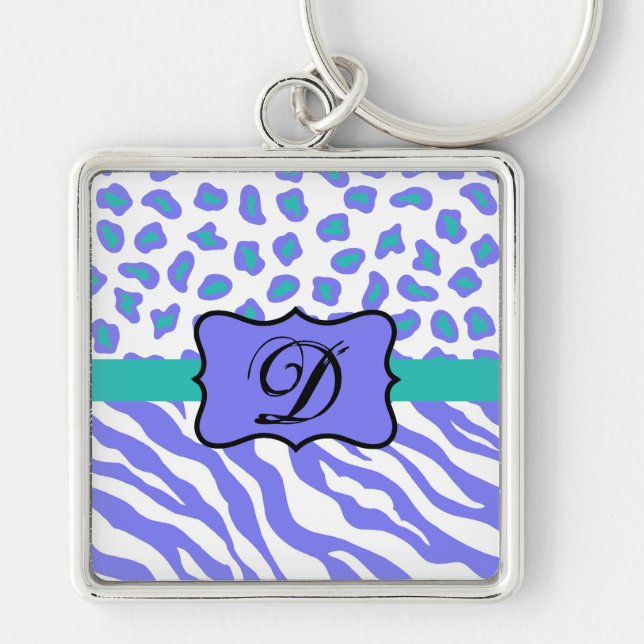 Lavender White Zebra Leopard Skin Monogram Initial Keychain (Front)