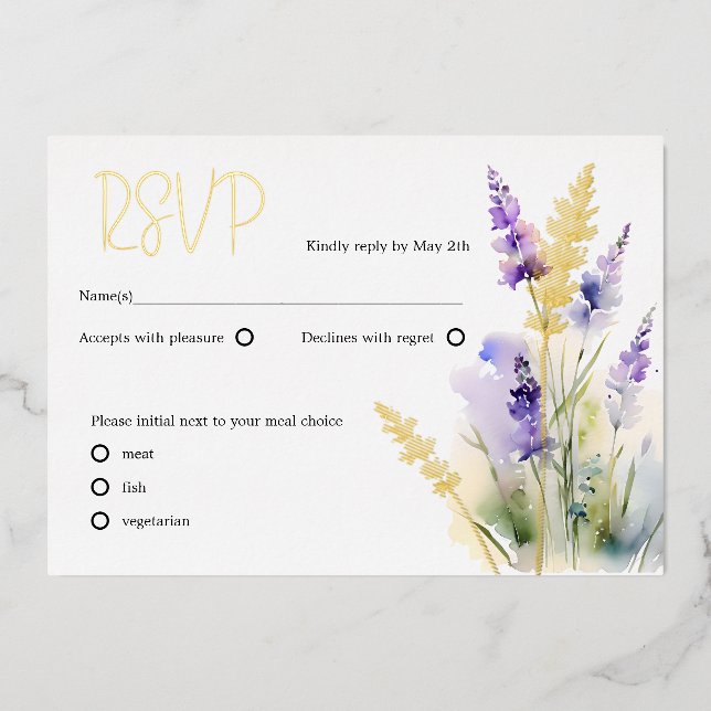 Lavender wild flowers Watercolor RSVP Foil Holiday Card (Front)