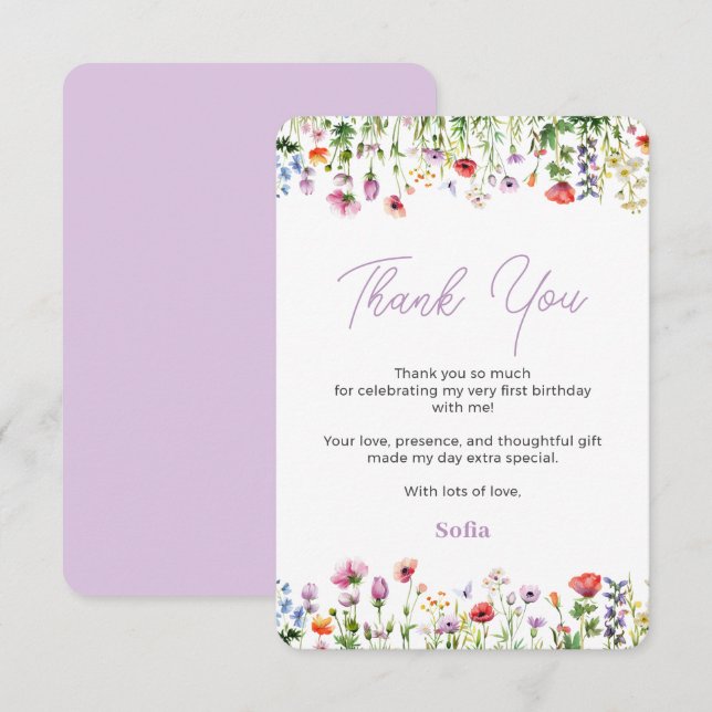 Lavender Wildflower 1st Birthday Thank You Card (Front/Back)