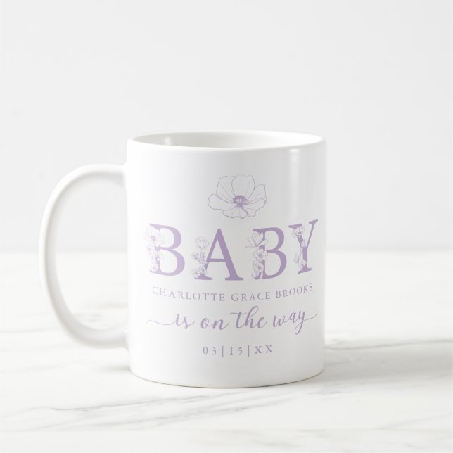 Lavender Wildflower Baby Announcement Coffee Mug (Left)