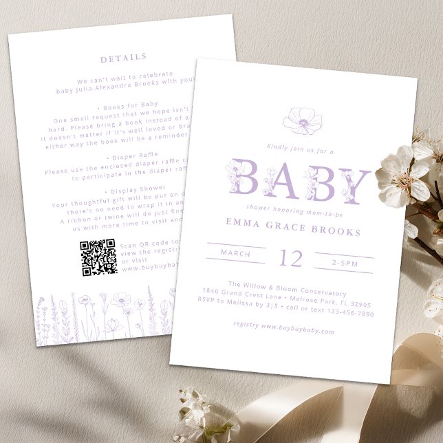 Lavender Wildflower Baby Shower All-in-One  Invitation (Lavender Baby Shower Invitation)