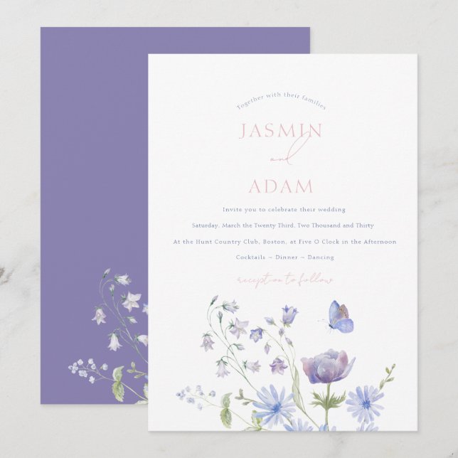 Lavender Wildflower Butterfly Monogram Wedding Invitation (Front/Back)