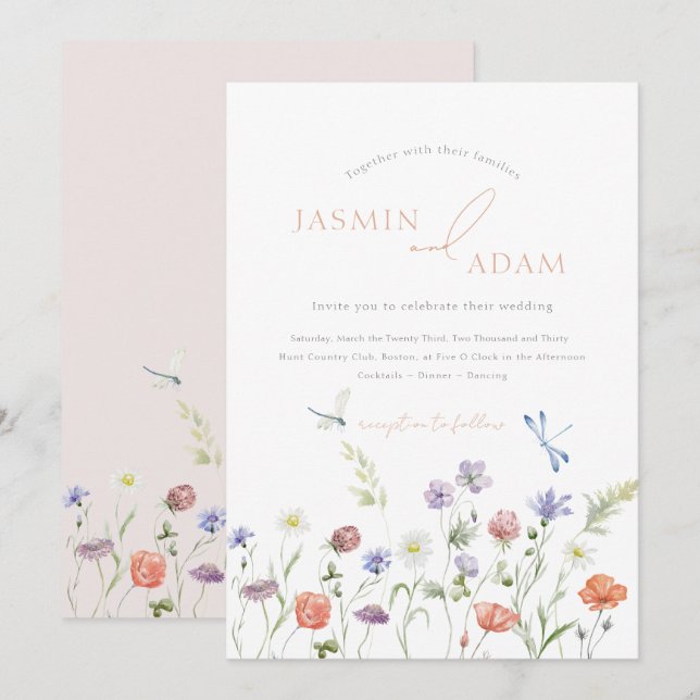 Lavender Wildflower Dragonfly Monogram Wedding Invitation (Front/Back)