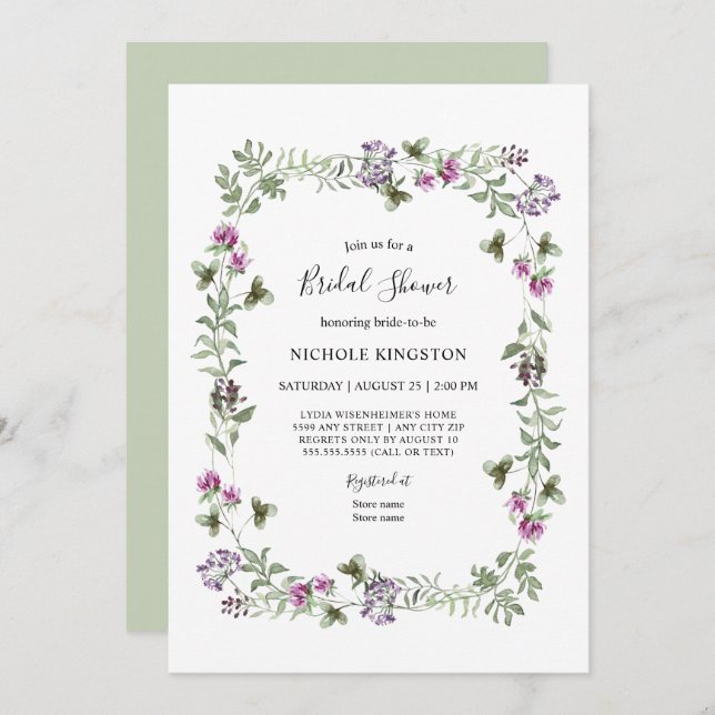 Lavender Wildflower Frame Bridal Shower Invitation (Front/Back)
