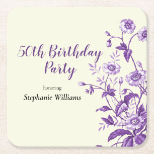 Lavender Wildflower Women's 50th Birthday Party Square Paper Coaster