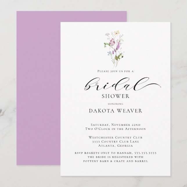 Lavender Wildflowers Calligraphy Bridal Shower Invitation (Front/Back)