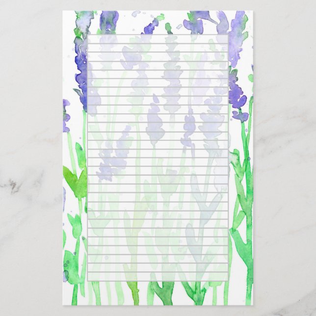 Lavender Wildflowers Watercolor Grey Lined Stationery (Front)