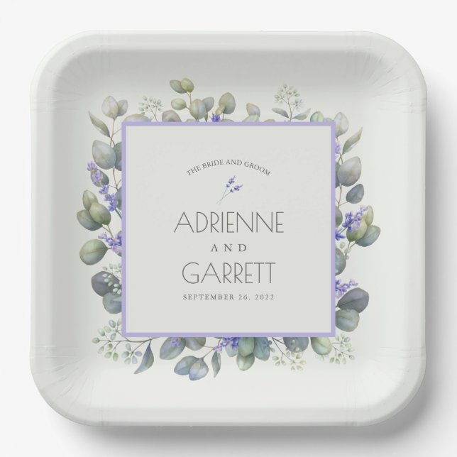 Lavender With Eucalyptus Greenery Square Wedding Paper Plate (Front)
