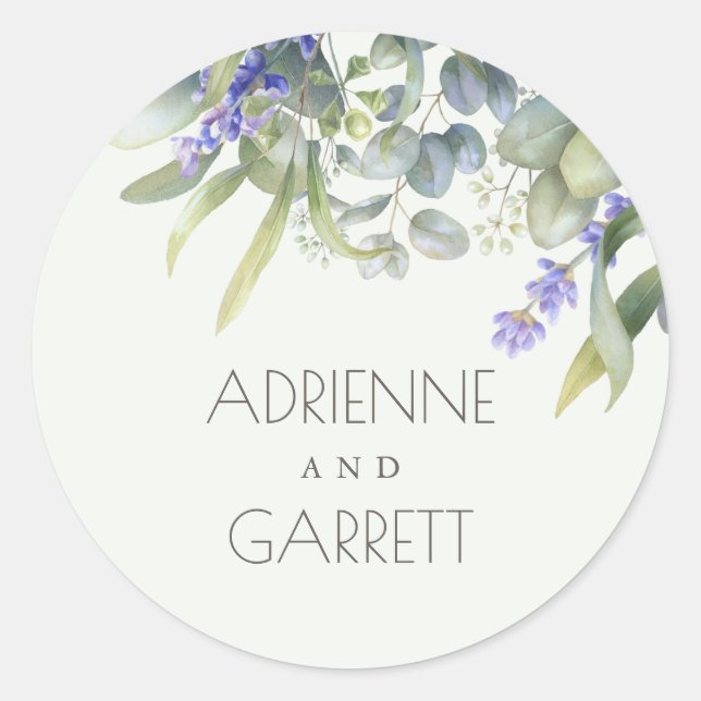 Lavender With Eucalyptus Greenery Wedding  Classic Round Sticker (Front)
