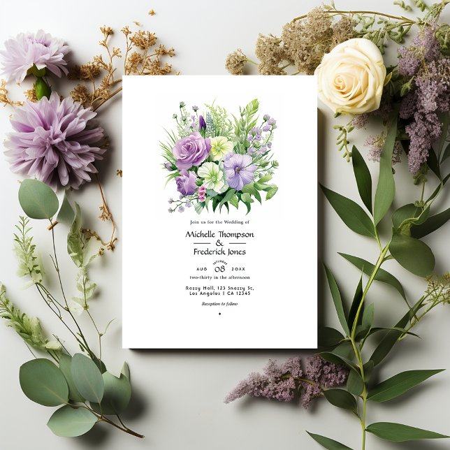 Lavender with Green Floral Spring Wedding Invitation (Creator Uploaded)