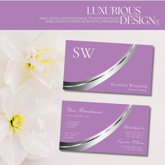 Lavender with Silver Decor and Monogram Stylish Business Card (Creator Uploaded)