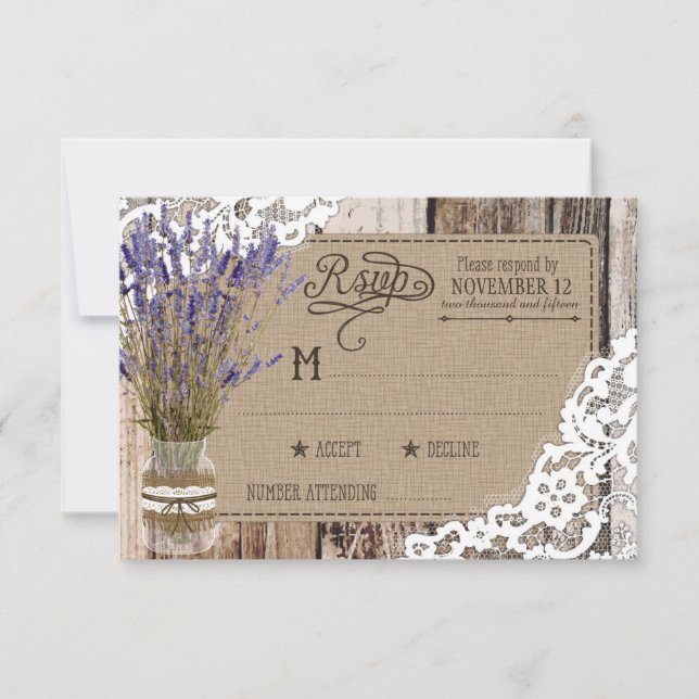 Lavender Wood Lace Rustic RSVP Card (Front)