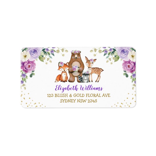 Lavender Woodland Animals Floral Return Address Label (Front)