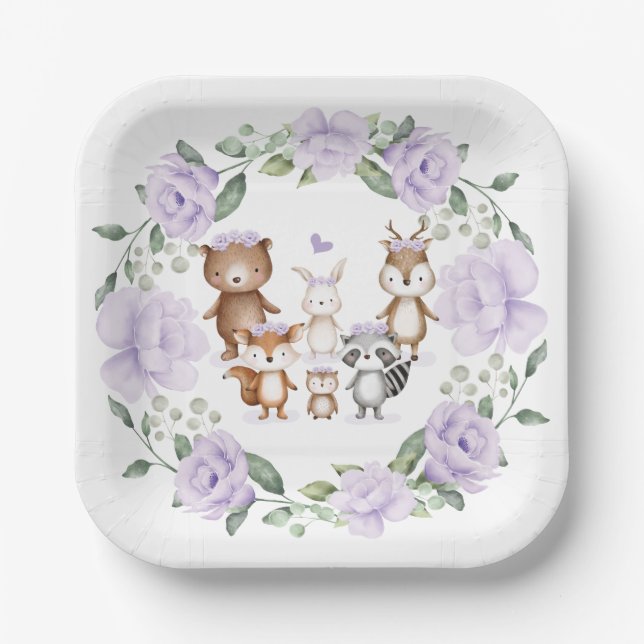 Lavender Woodland Forest Animals Birthday Party Paper Plate (Front)