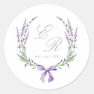 Lavender Wreath & Bow Monogram Wedding Classic Round Sticker