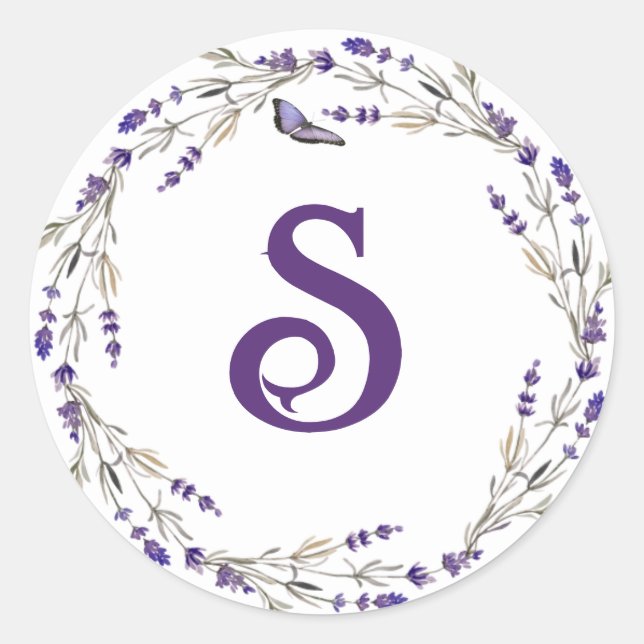 Lavender Wreath with Monogram Inital Classic Round Sticker (Front)