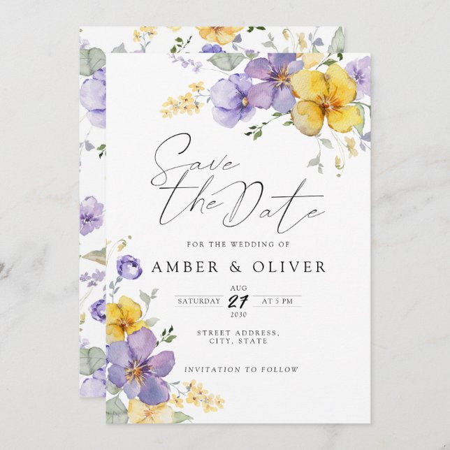 Lavender Yellow Floral Save The Date Invitation (Front/Back)