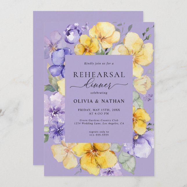 Lavender Yellow Flowers Spring Rehearsal Dinner Invitation (Front/Back)