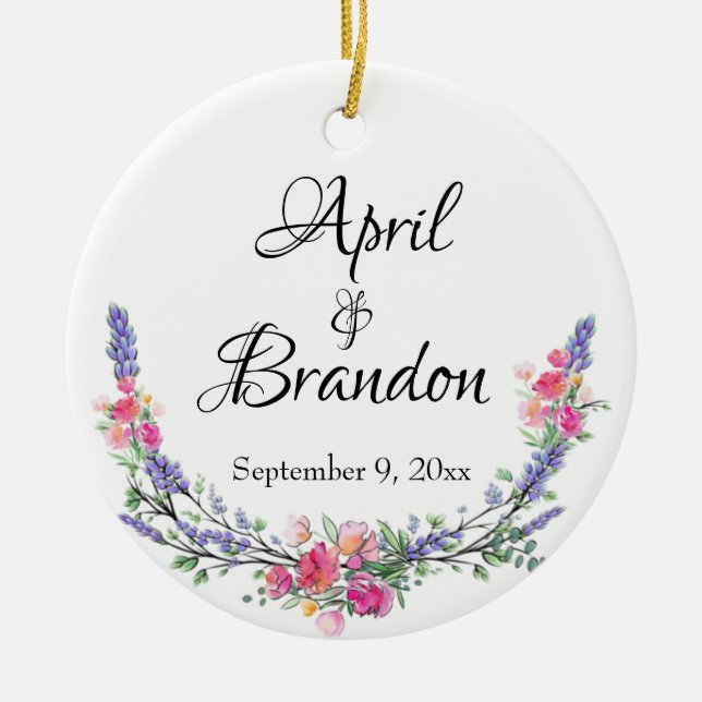 Lavender yellow-pink roses and Eucalyptus    Ceramic Ornament (Front)