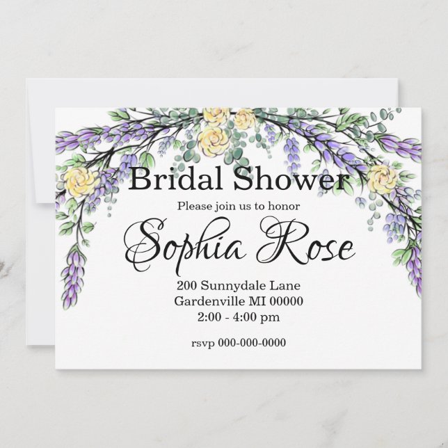 Lavender Yellow Rose and Eucalyptus Bridal shower Invitation (Front)
