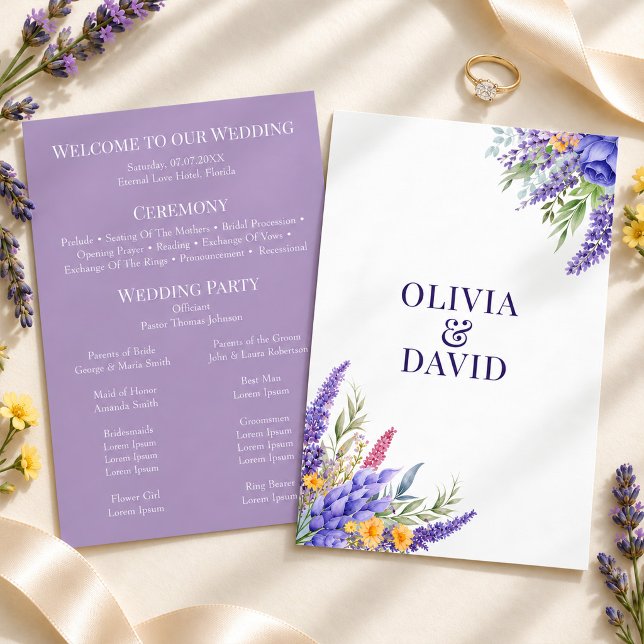 Lavender Yellow Wildflower Wedding Program (Boho Lilac Watercolor Wildflower Wedding Program)