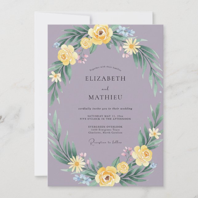 Lavender Yellow Wreath Wedding Invitation (Front)