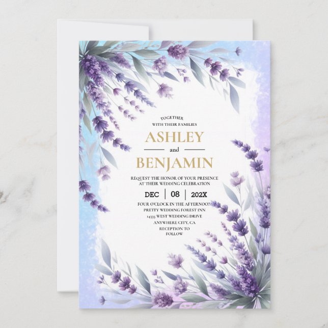 Lavenders And Blue Elegant Floral  Watercolor Invitation (Front)