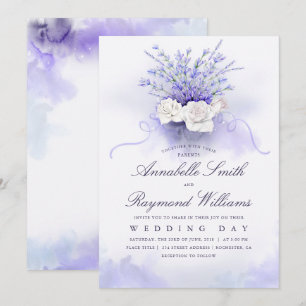 Lavenders and White Roses Bouquet Elegant Wedding Invitation