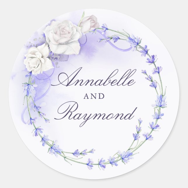 Lavenders and White Roses Wreath Elegant Classic Round Sticker (Front)