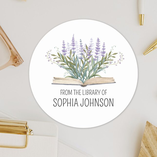 Lavenders on Book From the Library of Bookplate Classic Round Sticker (Close up)