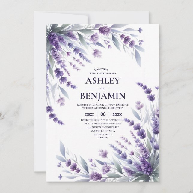 Lavenders Purple Elegant Floral  Watercolor Invitation (Front)