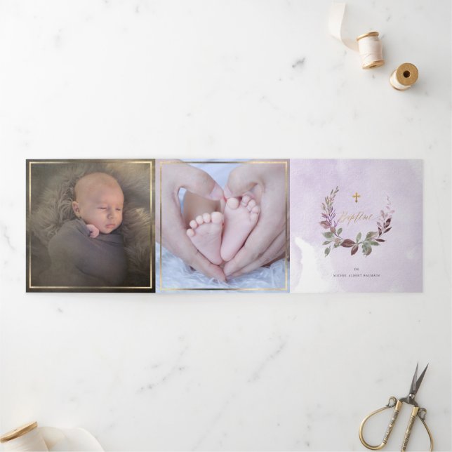Lavendre Couronne de Feuillage Aquarelle, Bapteme Tri-Fold Invitation (Outside)